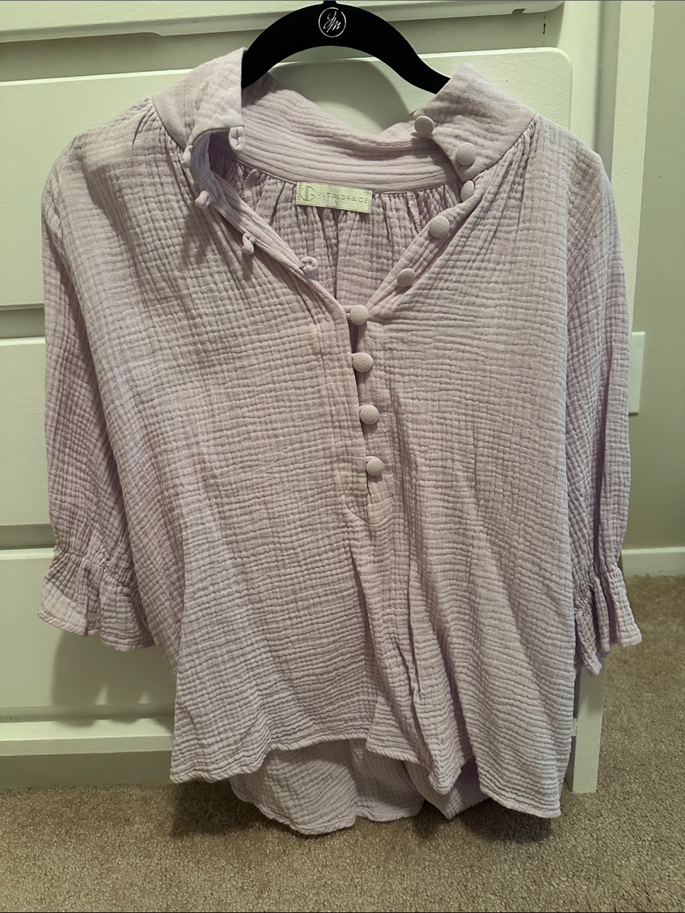 Vita Grace Lavender Gauze Button-Front Peasant Blouse